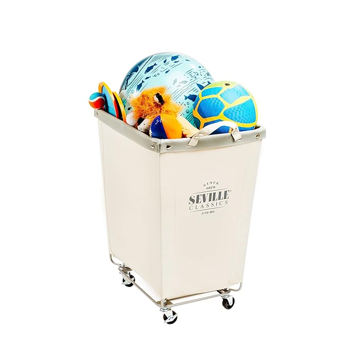 Seville Classics Large Commercial Heavy Duty Rolling Steel Frame Laundry Hamper Canvas Cart Bin, w/Wheels for Hotel, Home, Closet, Bedroom (PATENTED), Cream, 22" D x 16" W