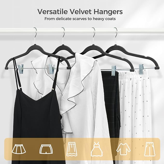 HOUSE DAY Velvet Hangers with Adjustable Clips 30 Pack, Non-Slip Suit Organizer with 360° Hook - Heavy Duty Hanger for Pants, Skirts, Blouses, Dresses - Outfit Hangers All-Season Space Saver (Black)