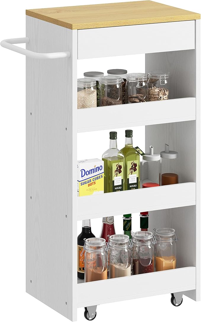 IRONCK Slim Storage Rolling Cart with Drawer and Wheels and Handle, 4 Tier Slide Out Utility Kitchen Cart for Small Spaces Kitchen Laundry Narrow Places, 11.8" D White