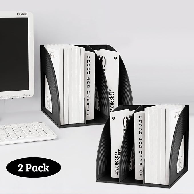 SAYEEC 2Pcs Magazine Holder Plastic File Sorter Binder Holder for Desk Folder Organizer Stand Book Shelf Dividers Vertical Filling Storage Rack Desktop Bookshelf Display Box for Office School (Black)