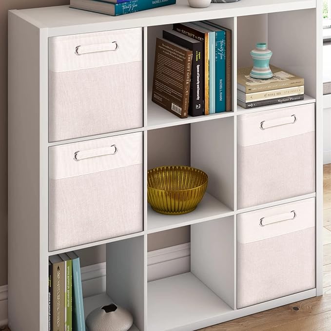 3 Pack 13x13x13 Storage Cube Bins with Handles, Beige Fabric Storage Baskets Heavy Duty Foldable - Cloth Organizer Bins for Closet, Shelf, Office (13 Inch Cube Storage Bins)