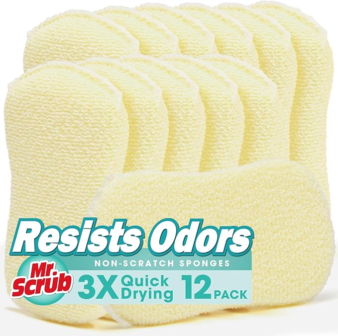 Sponges Kitchen Scrub Dish Sponge Scouring Pad, 12 Pack Cleaning Brush Scrubber Supplies for Soap, Dishwashing Dinnerware Sets Pan Pot Glass Dishwasher Sink Bathroom Towels Cloth Rags Holder