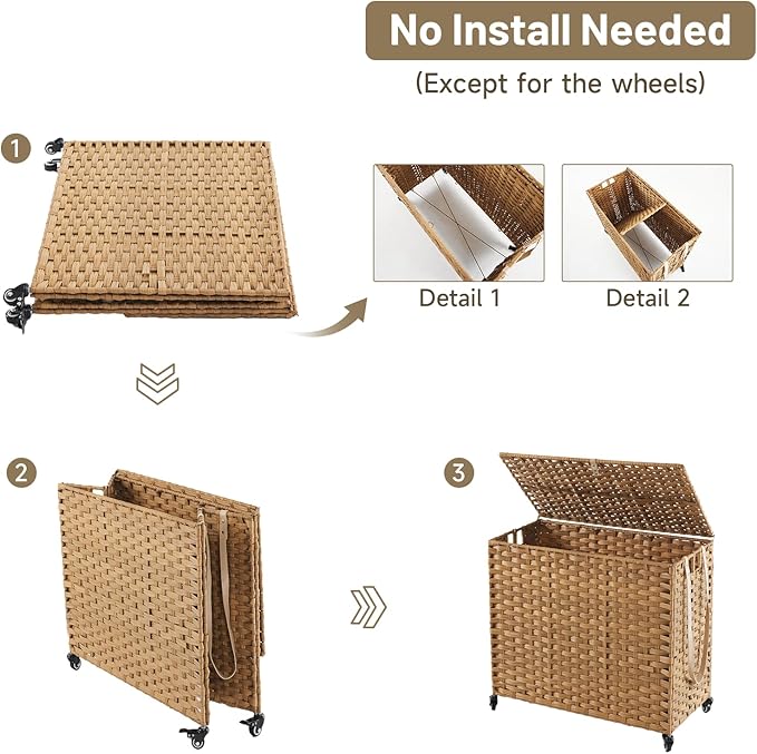 Laundry Hamper with Wheels, 34.3 Gallon(130L) Rolling Laundry Basket with Lid, 3-Section Rattan Clothes Hamper with 3 Removable Liner & 3 Mesh Bags, Laundry Sorter with Side Pocket, Natural