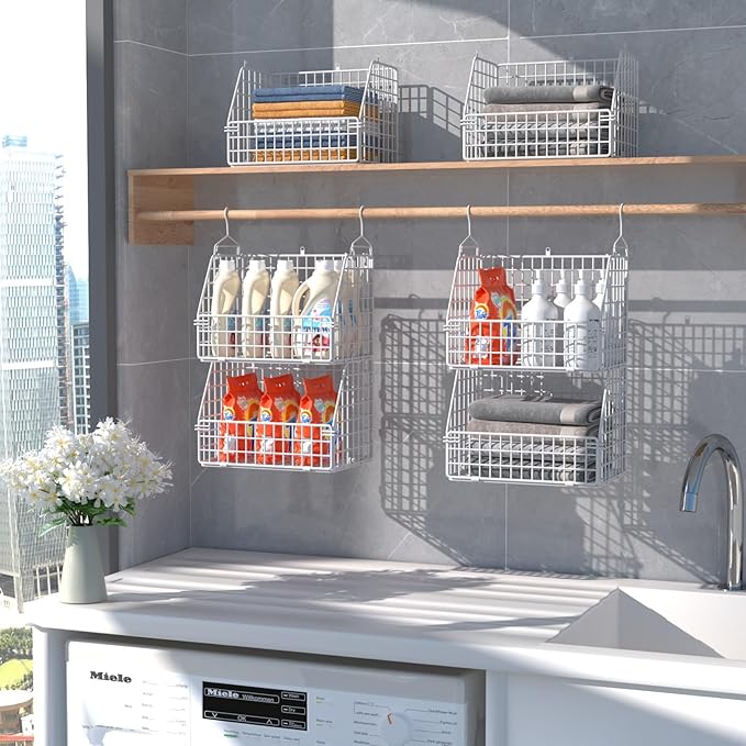 Hanging Closet Organizer and Storage, Clothes Hanging Shelves Wire Baskets for Clothing Sweaters Purse Handbags Shoes White 5 Tier