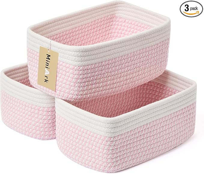 Small Storage Baskets for Organizing | Closet Organizer Bins | Shelf Toy Basket | Woven Rope Baskets | Cube Decorative Box | Shallow Basket | 11.5x7.5x4.7” | 3 Packs White Pink