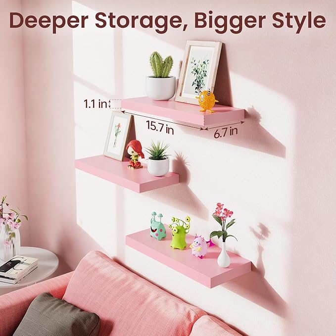 BAYKA Pink Floating Shelves for Wall – 15.7in Wood Wall Shelves for Bathroom, Bedroom, Living Room Decor Organize – Hanging Shelf for Books/Storage/Display with 22lbs Capacity(Set of 3)