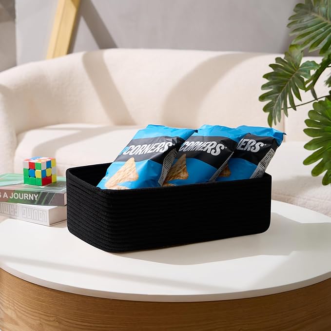 Large Shallow Organizing Baskets 15x11x5.1 Inches - Rope Woven Storage Bins for Bathroom, Shelves, Cube Closet, Black 3 Packs
