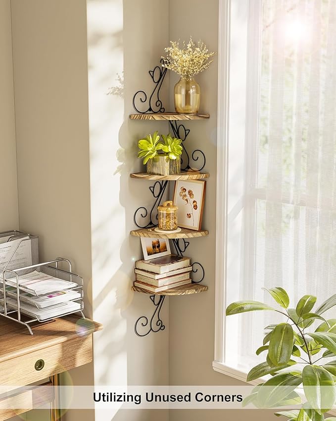 Alsonerbay Wall Mount Corner Shelves 4 Tier Floating Corner Storage Wood Shelves Decorative Rustic Radial Shelf in Cat Shape Carbonized Black