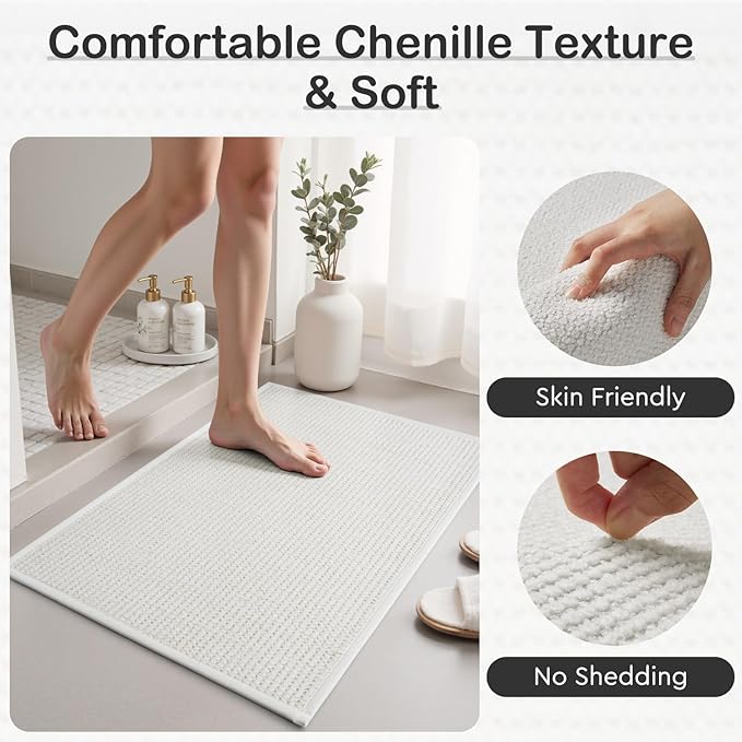 MontVoo Bathroom Runner Rugs,Chenille Absorbent Bath Mat Runner Quick Dry Rubber Backed Bath Runners Non Slip Washable Long Bathroom Rugs,Ultra Thin Bath Rugs Fit Under Door,17"x59",White