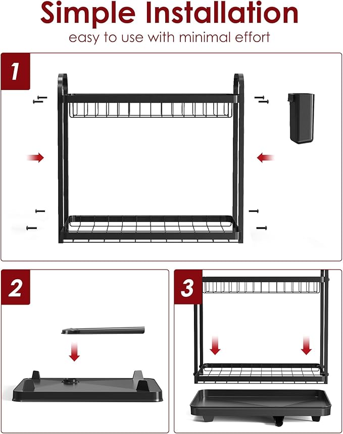 Sakugi 2-Tier Dish Drying Rack - Stainless Steel Dish Rack with Cutlery & Utensil Holders for Kitchen Counter, Sink Organization and Storage for Small Family, 15" W x 11.4" L x 15" H, Black