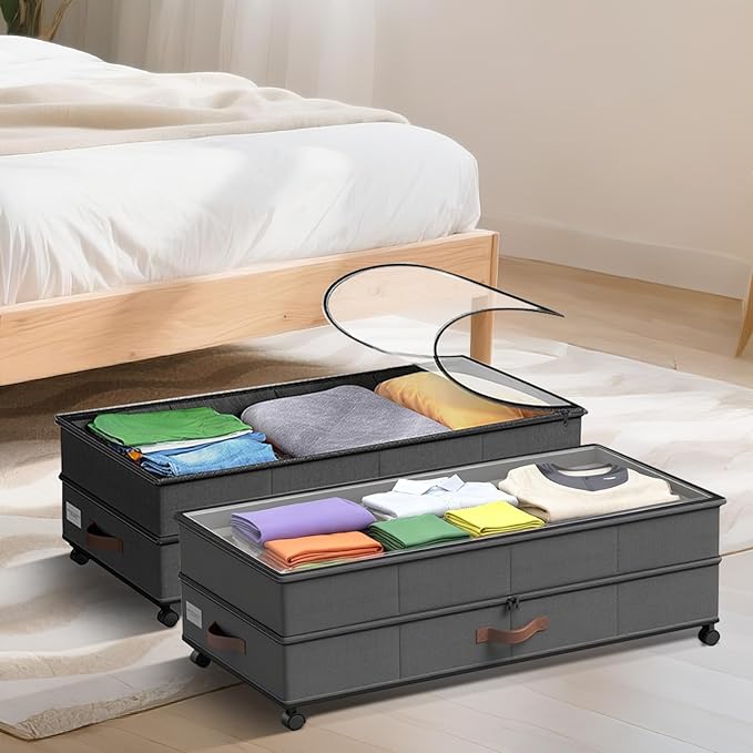 2 Pack Under Bed Storage with Wheels & Clear Lids – 72L XXL Large Capacity Under bed Storage Organizer for Clothes, Toys, Blankets | Space-Saving Stackable Design | Bedroom Storage Solution