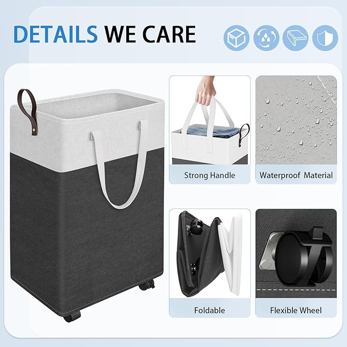 HomeHacks Laundry Basket with Wheels, Rolling Laundry Hamper, Collapsible & Waterproof Clothes Hamper, Narrow Corner Bins with Extended Handles in the Family & Dorm 90L(Grey)