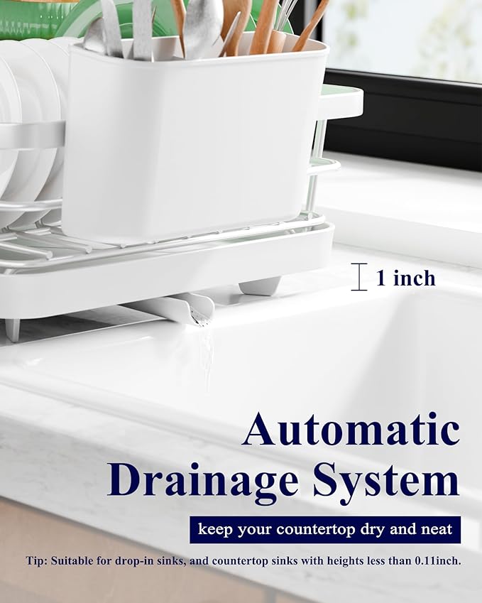 Kitsure Dish Drying Rack - Compact Dish Rack with Utensil Holder & Adjustable Water Outlet, Rust-Proof & Scratch-Resistant Drying Rack for Kitchen, 14.5" x 12.0" x 4.0", Sliver