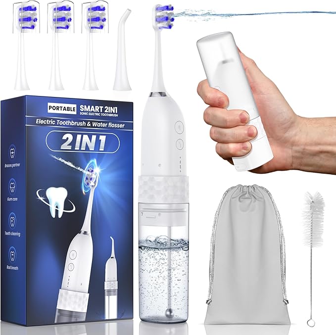 Electric Toothbrush with Water flosser, 2 in 1 Teeth Cleaning Kit, Toothbrush and Water flosser Combo, 25-Day Battery, Travel Toothbrush with Water Bottle(White)
