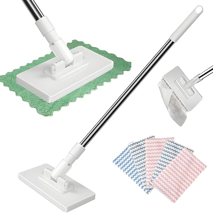 Disposable Dust Mop with Pressure Clamping System, 39 inch Long Handle Wet and Dry Flat Mopping Sweeper Stick with Locking Head & Sweeping Cloths for Multi Surface Floor Cleaning (1 mop+5 Clothes)