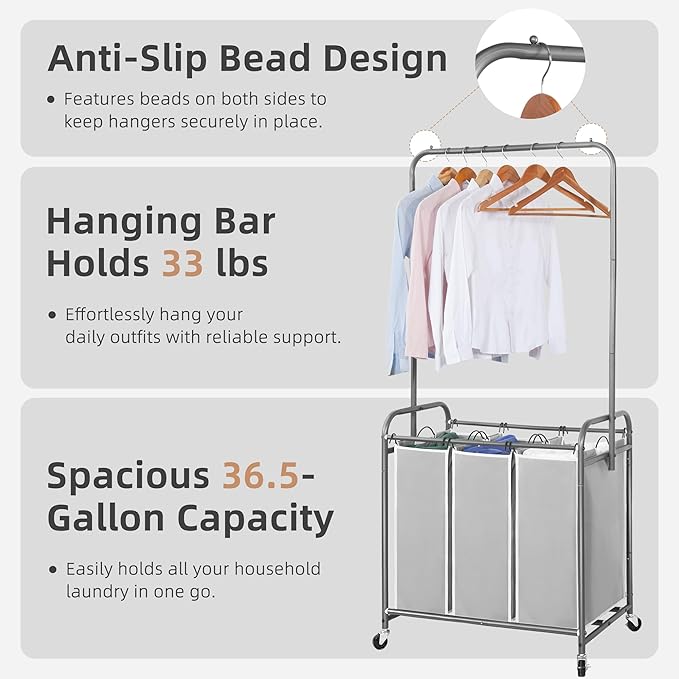 STORAGE MANIAC 136L Laundry Sorter with Hanging Bar, Portable, Removable Laundry Hamper Cart with Heavy Duty Rolling Lockable Wheels and Removable Bags, Rolling Laundry Basket Organizer, 3 Section
