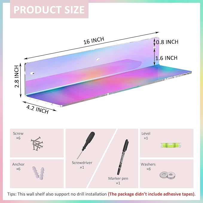 16 Inches Iridescent Acrylic Shelves, Wall Mounted Organizer Shelves for Bedroom, Clear Wall Storage Shelves for Cosmetics, Skincare, Router, Doll, Toiletries, Helmets, 2 Pack