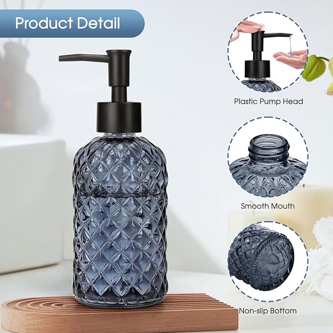 2 Pack Gem Glass Soap Dispenser with Black Plastic Pump, 13oz Liquid Hand Soap Dispenser, Rustproof Pump for Kitchen & Bathroom, Great for Lotions, Essential Oil, Liquid Soaps-Grayish Blue