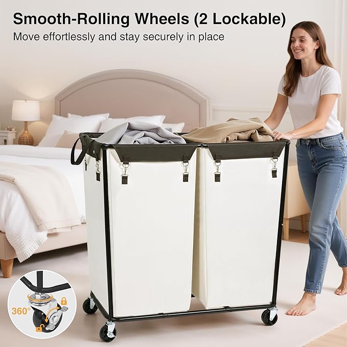 STO STO 280L Rolling Industrial Laundry Hamper with Wheels, 2-Compartment Extra Large Laundry Sorter, Heavy Duty Dirty Clothes Basket Cart with Metal Frame for Home or Commercial Use, Beige