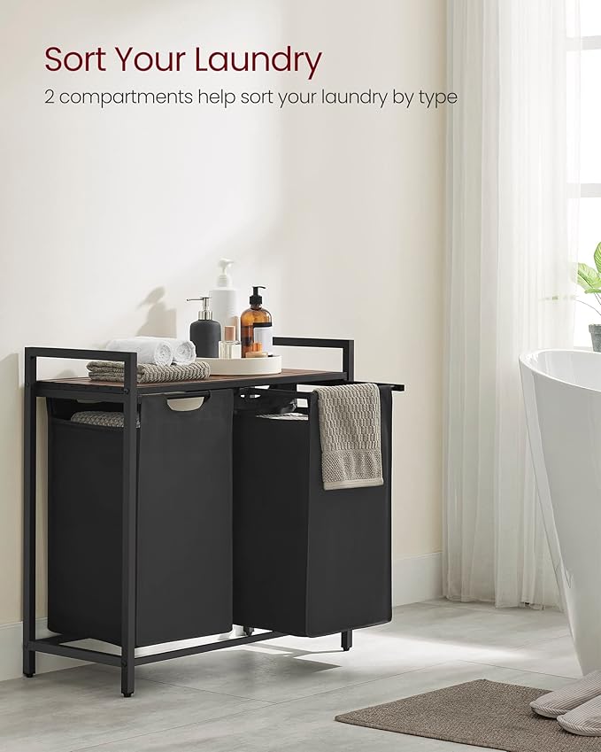 VASAGLE Laundry Hamper, Laundry Basket, Laundry Sorter with 2 Pull-Out and Removable Bags, Shelf, Metal Frame, 2 x 12.1 Gallons (46 L), 28.8 x 13 x 28.4 Inches, Ink Black and Rustic Brown UBLH201B01
