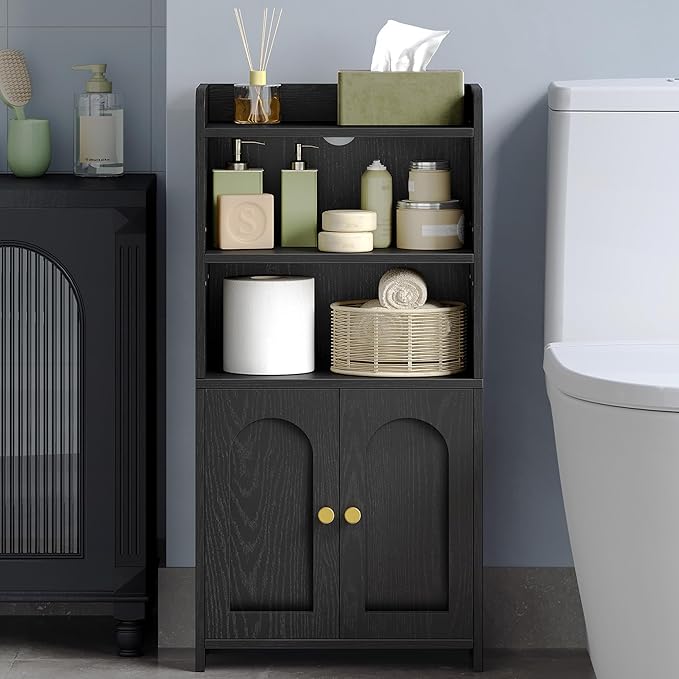 Small Bathroom Storage Cabinet, Bathroom Organizers and Storage with 2 Doors and Shelves, Floor Cabinet Freestanding with Adjustable Shelf for Small Spaces, Black 7.9" D x 14.6" W x 29.6" H