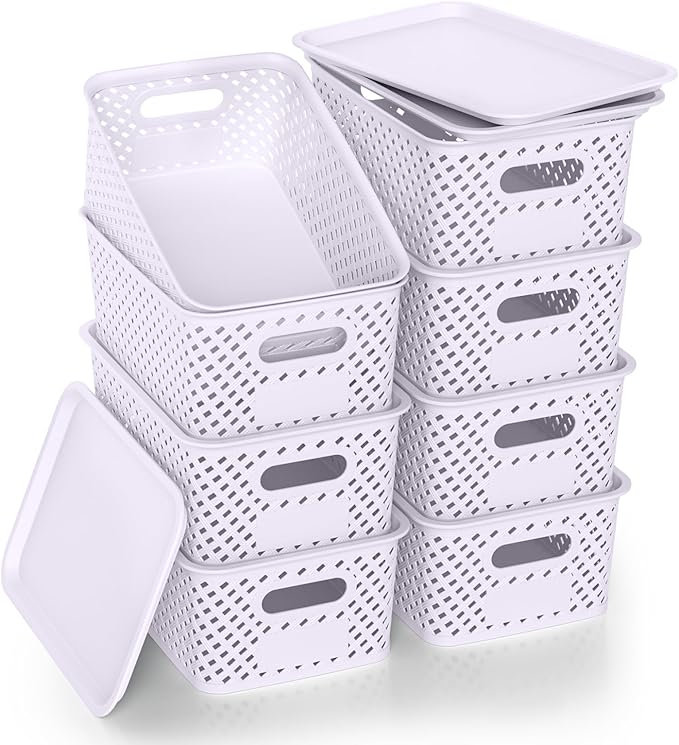 Plastic Storage Bins with Lid, Stackable Small Box Basket for Organizing and Containers for Shelves Drawers Desktop Closet Playroom Pantry Classroom Office Home, 8-pack 10.2"x7.2"x4.1" Lavender