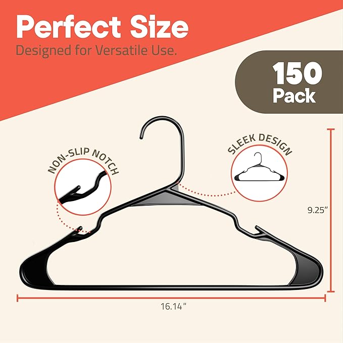 Black Plastic Hangers 150 Pack– Heavy-Duty Plastic Hangers Slim and Space-Saving, Durable and Lightweight PP with Non-Slip Shoulder Notches for Slip Dresses, Suits, Jackets & Camisoles