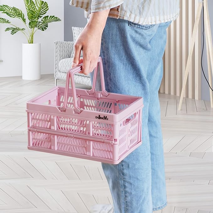 crates for storage,plastic baskets for organizing,collapsible shopping basket,foldable crate with Handles,collapsible storage crate,car basket,for Kitchen,Bathroom,Medicine.small,Pink