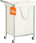 150L Laundry Hamper with Wheels, Rolling Laundry Basket 2 section with Metal Frame and Removable Bag, Dirty Clothes Hampers for Bedroom, Bathroom, Dorm, Black, Silver Beige