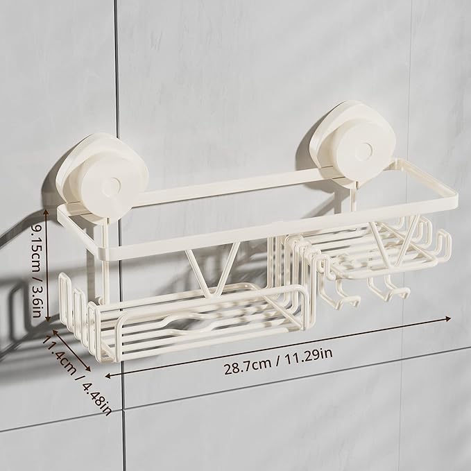 KEGII Shower Caddy Suction Cup with Soap Holder and Hooks, Removable Suction Bathroom Organizer Shelf, No Drilling Shower Organizer, Stainless Steel Shampoo Holder for Bathroom Storage, Cream White