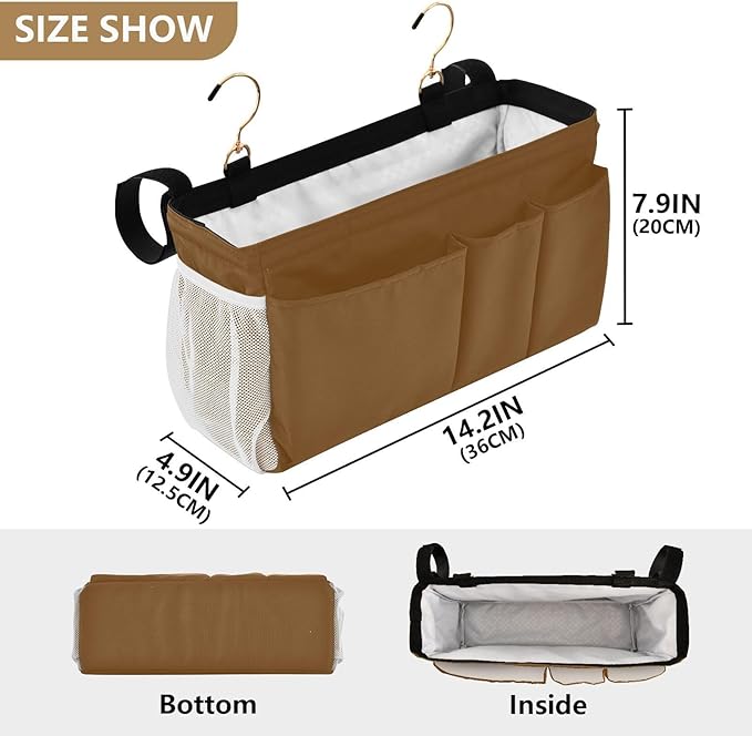 KOPIRIT Brown Bedside Caddy Storage Bag Bedside Organizer for Bunk Bed Headboards College Organizer Caddy Hanging Shelf 6 Pockets with Hooks for Drinks Magazine Phone Holder