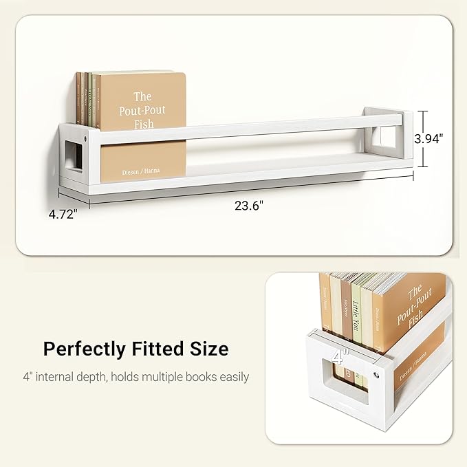 Upgraded Thick Floating Shelves - 24 Inch Multi-Use Wall-Mounted Bookshelves for Kids and Nursery, Ideal for Books, Toys, Spice Rack, Decor - White