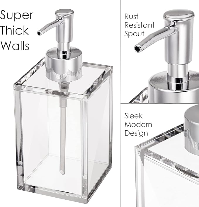 Clear Acrylic Refillable Liquid Hand Soap Dispenser with Rust Proof Stainless Steel Pump, Modern Square Bathroom Vanity Soap Dispenser | 12 oz, 1 Pack