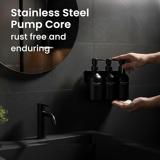 MaisoNovo Shampoo and Conditioner Dispenser - Shower Soap Dispenser Wall Mounted - 16.9 fl oz Set of 3 Black Plastic Bottles Black Plastic Pump - Shampoo Dispenser, Shower Dispenser