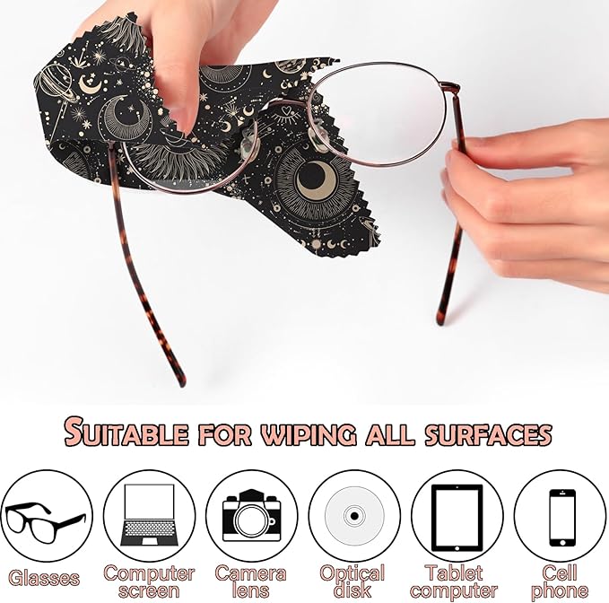 6 PCS Glasses Cleaning Cloth Eyeglass Cleaning Cloth Lens Eyeglasses Microfiber Cute Aesthetic Cloth for Unisex Women Girls Reusable Phone Screens Camera Multi-Patterns(6.3"x6.3")-Sun Moon Star