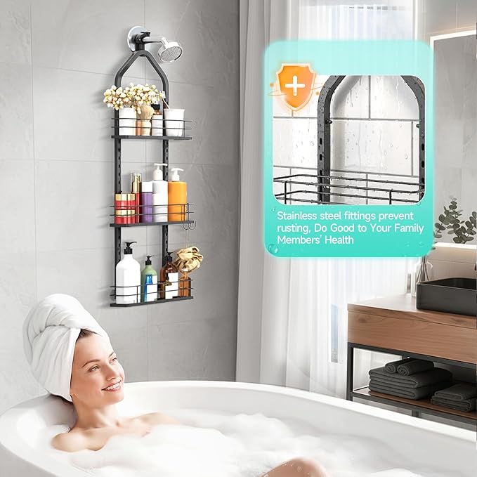 Shower Caddy Hanging, Adjustable Anti-Swing-Over The Shower Head Caddy, 3 Tier Height Bathroom Storage Organizer Bathroom Shelves Basket Rack Shower Caddies (3Tier)