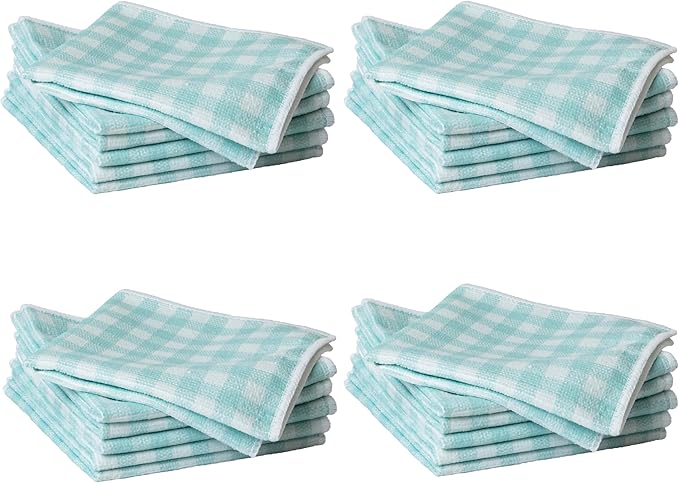 Martha Stewart Microfiber Cleaning Cloths, Ultra-Absorbent, Lint-Free Cleaning Towels for Home & Kitchen, Teal Gingham, 11 Inches, 24 Count