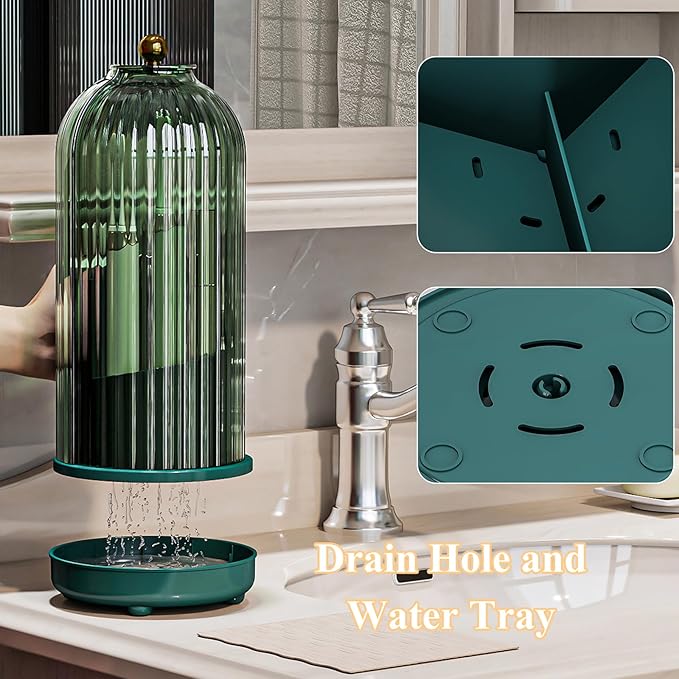 Zufudo Toothbrush Holders with Cover, Drainage Rotating Electric Toothbrush Organizer, 3 Slots Tooth Brush Holder for Bathroom Counter, Green