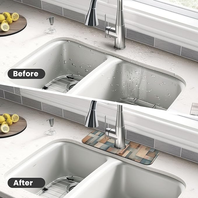 Faucet Draining Mat For Kitchen Sink, Geometric Shapes Brown Beige Diatom Mud Absorbent Drain Pad For Bathroom Kitchen Sink Splash Guard Drying Mat