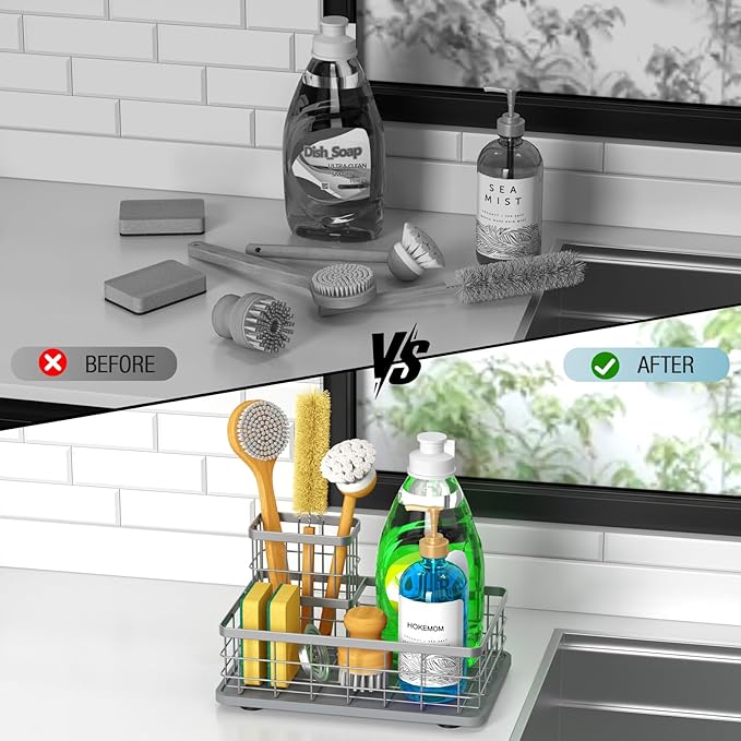 EXTRA LARGE Kitchen Sink Caddy Organizer, [FLEXIBLE PLACEMENT & FAST-DRYING] Sponge Holder for Kitchen Sink Countertop,Stainless Steel with Rust-Resistant Coating-10.24" L x 6.5" W x 5.83" H