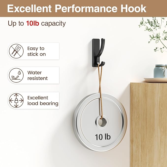 pickpiff Adhesive Wall Hooks for Towels - Sticky Hook Hanging Heavy Duty (13lb), Hanger for Door, Bathroom, Dorm, Closet - for Coats, Purse, Bag, Robe - No Damage to Wall - Black 6 Pack