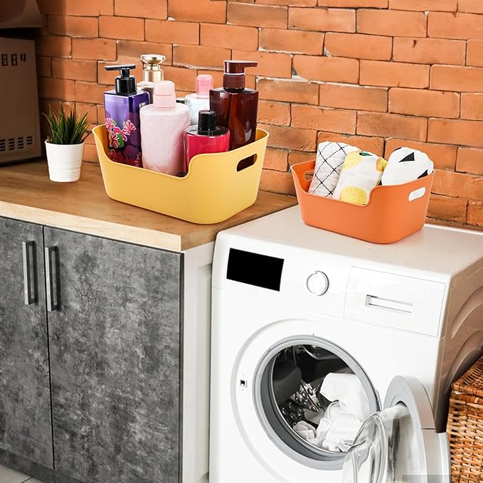 12 Pack Plastic Storage Bins and Baskets, Classroom Organizer Bins with Built-in Handle, Household Colorful Pantry Shelf Organization Container for Office Bedroom Countertop, 3 Sizes
