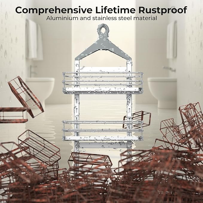 Orimade Aluminum Hanging Shower Caddy Over Head, Adjustable Bathroom Shelf with Hooks, Anti-Slip Rustproof Organizer Storage Rack Basket, Silver, 3 Tier