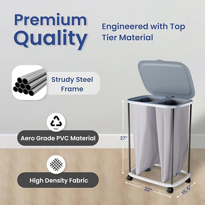 XABITAT Dual Section 90L Laundry Basket with Wheels and Lid – Tall divided Double Laundry Hamper with 2 Removable Washable Bags, Large Laundry Sorter for Easy Clothes Separation