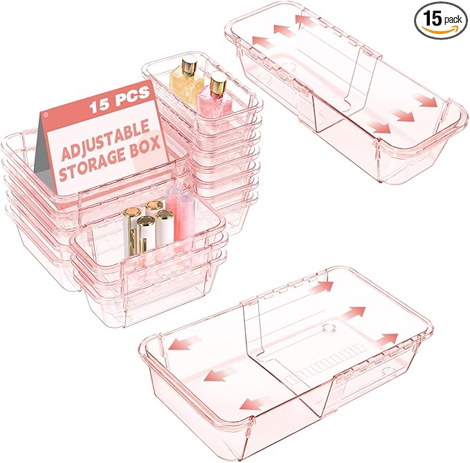 15 Pcs Extendable Clear Drawer Organizer, All Adjustable Vanity Storage Box, 2-Size Desk Drawer Organizer, Acrylic Storage Bins for Makeup, Bedroom Dressers Tool Organizer for Gadgets, Pink
