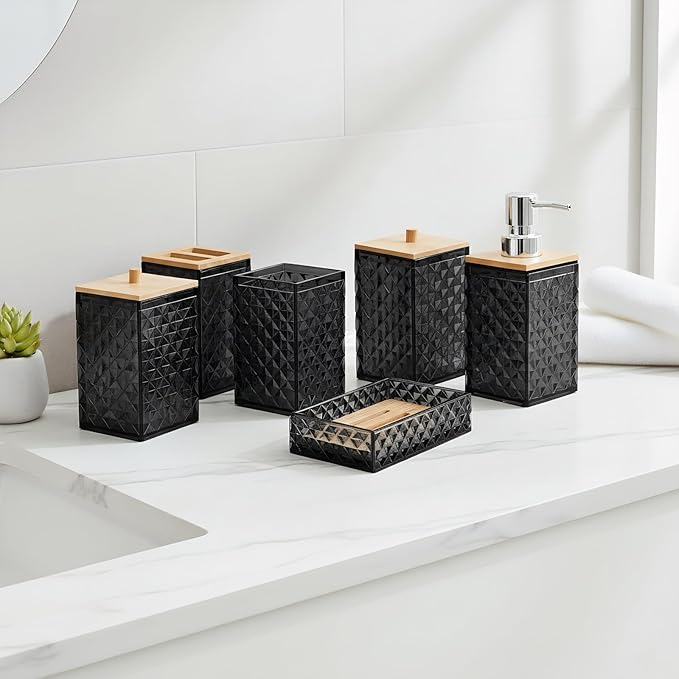 Bathroom Accessory Set,6 Pcs Black Bathroom Set Include Soap Dispenser, Qtip Holder Dispenser, Soap Dish,Toothbrush Holder & Mouthwash Cup.Boho Bathroom Set