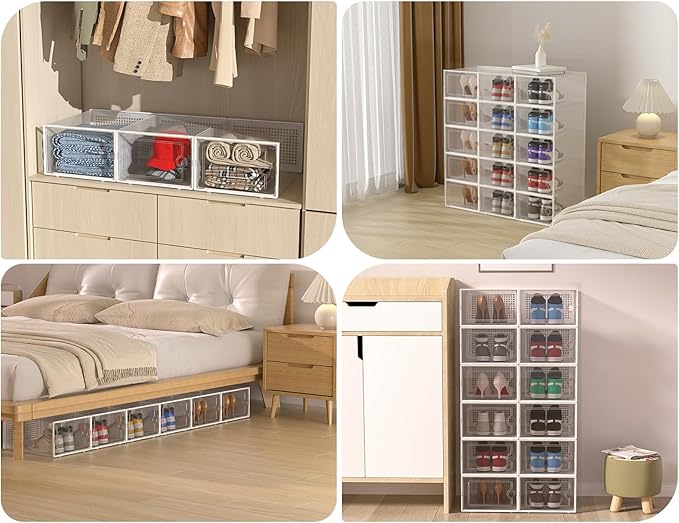 Kuject XX-Large Shoe Storage Boxes Organizers Clear Plastic Stackable 12 Pack, Shoe Rack & Holder Substitute, Sneaker Containers, Shoe Storage Organizer Bins for Closet, Under Bed, Grey(No Fold Line)