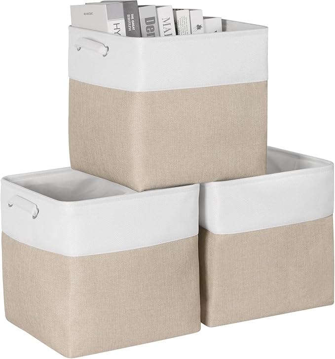 Kntiwiwo Storage Cubes 13” x 13” x 13” Foldable Storage Bin Closet Organizers and Storage Basket w/Handles for Organizing Shelf Home Closet, Set of 3, Beige