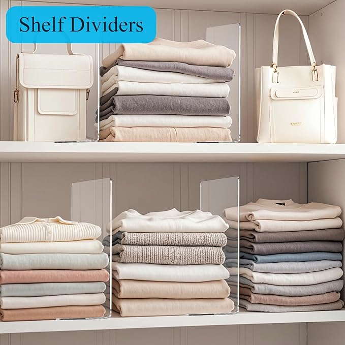 Lebouri Shelf Dividers for Closet Organization: Acrylic Shelf Dividers for Clothes Sweater Purse - Clear Closet Organizers and Storage Separators for Shelves, 12Pack