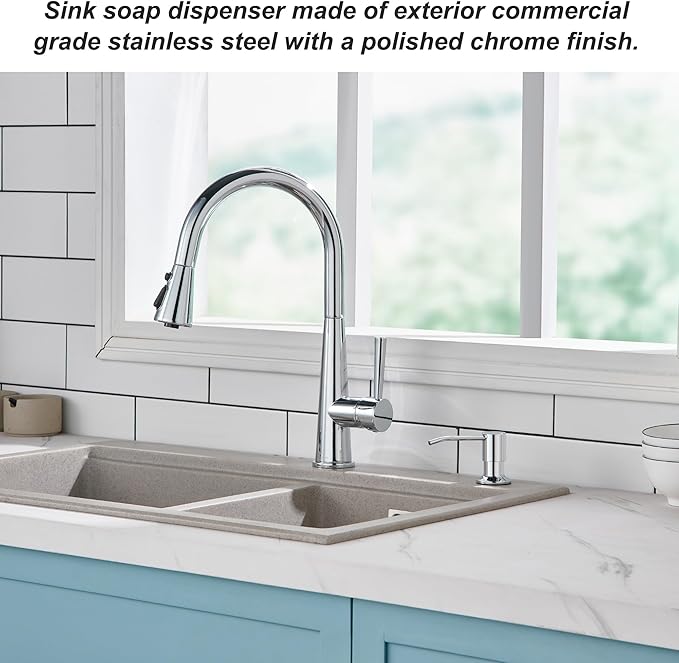 Soap Dispenser for Kitchen Sink Chrome, Sink Soap Dispenser Stainless Steel Refill from The Top Built in Sink Soap Dispenser with 13 OZ Soap Bottle